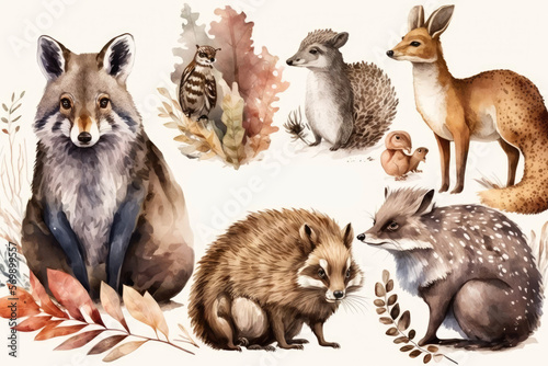 set of animals , watercolor illustration, ai generated