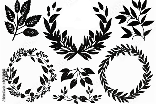 set of circular laurel foliate,Emblem floral greek branch , ai generated