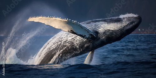 A Humpback Whale (Megaptera novaeangliae) breaching the surface of the waters. Big jump. Ai generative. 