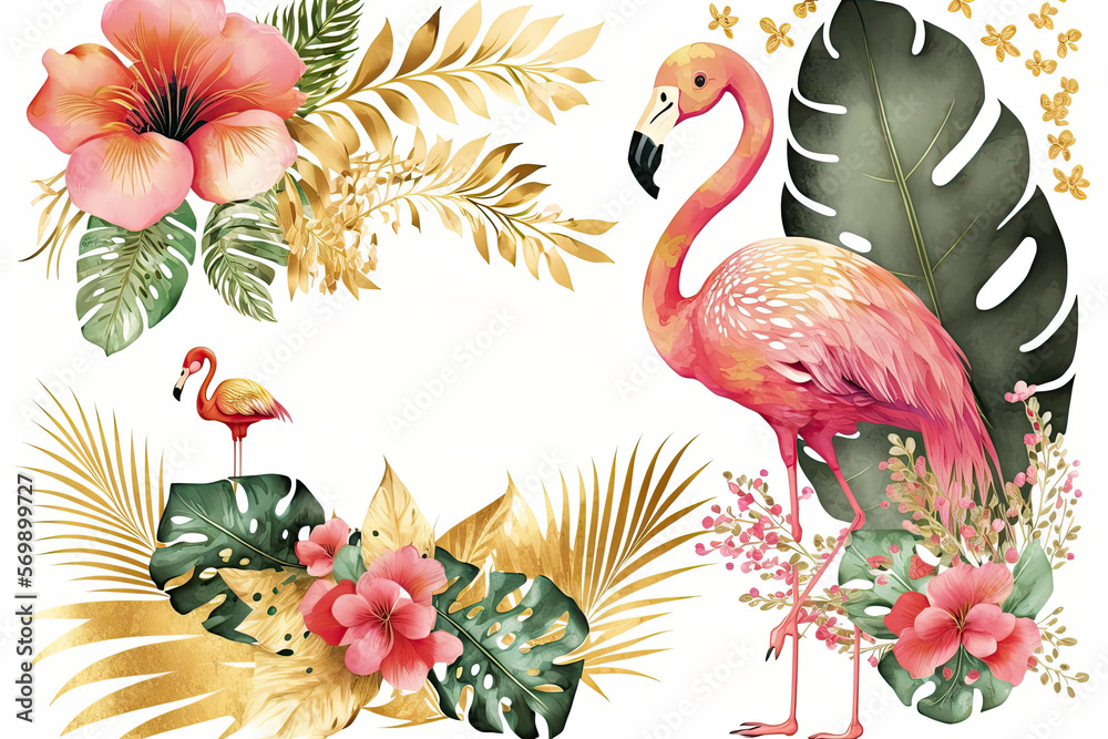 set of tropical flamingo illustration, ai generated