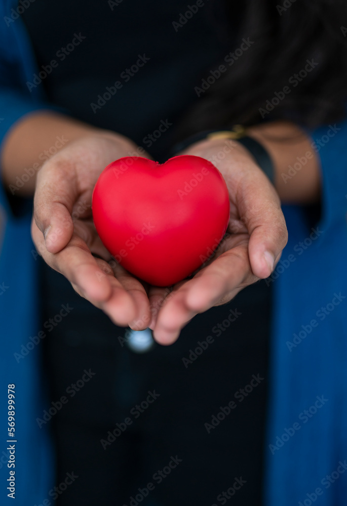 Girl holding red heart shape, valentines day love romance type background