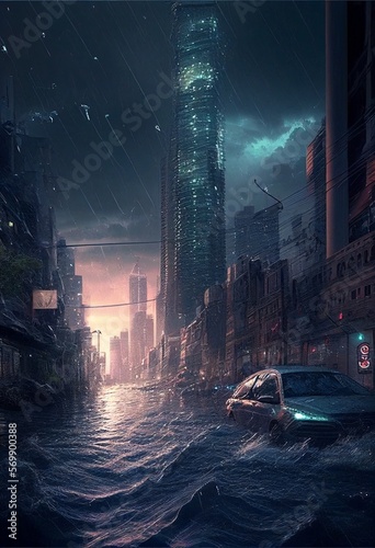 car is driving through a flooded city. generative ai.