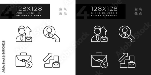 Career opportunities pixel perfect linear icons set for dark, light mode. Promotion of employee. Business growth. Thin line symbols for night, day theme. Isolated illustrations. Editable stroke