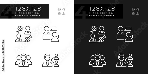 Teamwork pixel perfect linear icons set for dark, light mode. Onboarding process. Job interview. Referral program. Thin line symbols for night, day theme. Isolated illustrations. Editable stroke