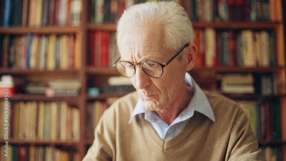 Senior gray-haired man librarian checking reader's logbook, work in the library Senior gray-haired man librarian checking reader's logbook, work in the library