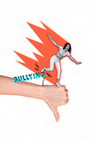 Poster magazine collage of depressed woman suffer struggle public media opinion, stand huge thumb down sign bully concept