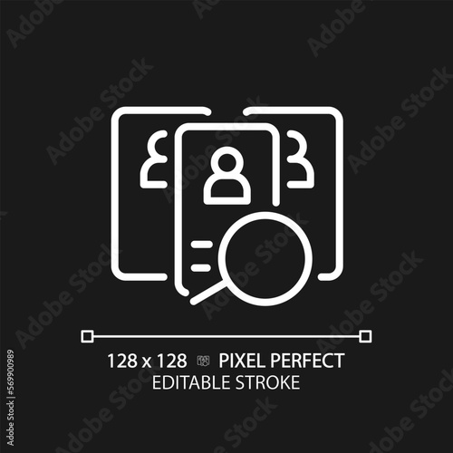 Candidate pixel perfect white linear icon for dark theme. Competing applicants for job position. Human resources. Thin line illustration. Isolated symbol for night mode. Editable stroke