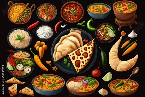 Collage of assorted indian food on black background.. Indian cuisine. Generative AI
