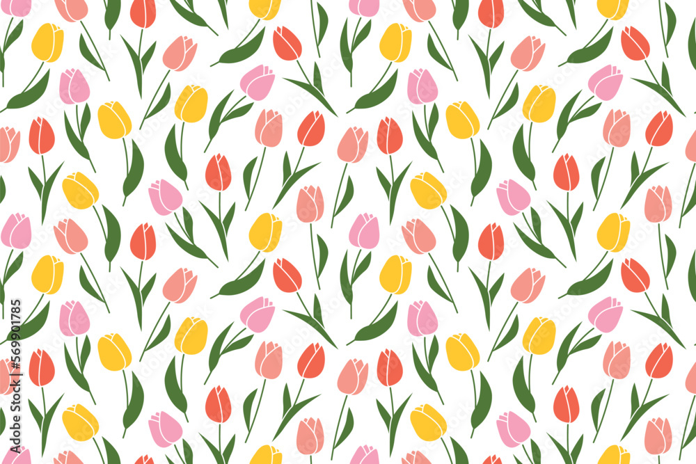 spring seamless pattern with colorful tulip flowers - vector illustration - obrazy, fototapety, plakaty 