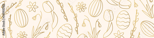 Easter golden banner with tulips, snowdrops, willow catkins branches and eggs - vector illustration