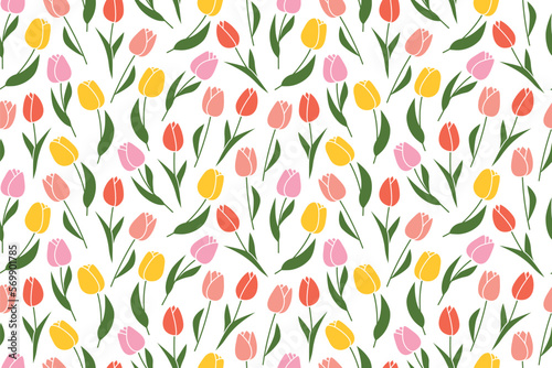 spring seamless pattern with colorful tulip flowers - vector illustration #569901785