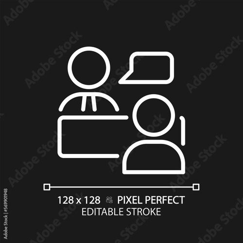 Job interview pixel perfect white linear icon for dark theme. Work conversation. Questioning candidate. Human resources. Thin line illustration. Isolated symbol for night mode. Editable stroke