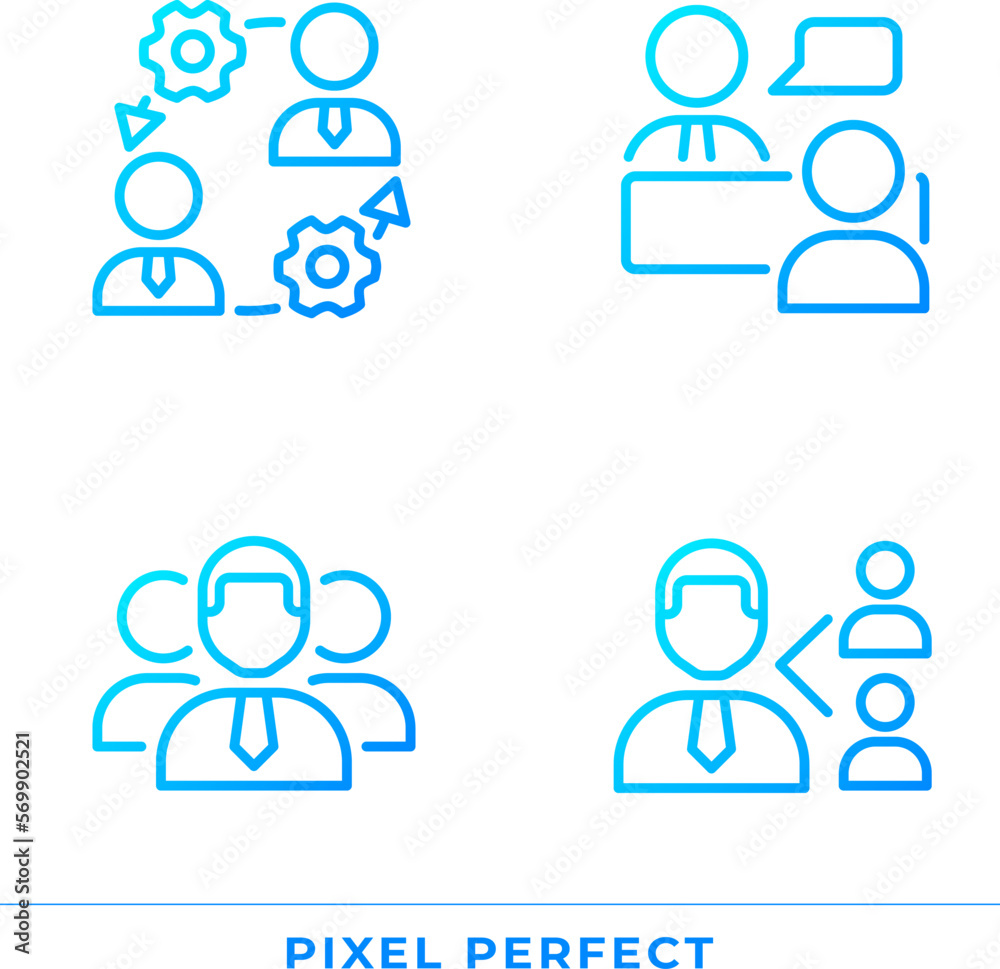 Teamwork pixel perfect gradient linear vector icons set. Onboarding process. Job interview. Referral program. Thin line contour symbol designs bundle. Isolated outline illustrations collection Teamwork pixel perfect gradient linear vector icons set. Onboarding process. Job interview. Referral program. Thin line contour symbol designs bundle. Isolated outline illustrations collection