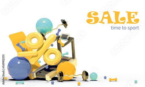 Online gym aerobic banner concept for sale with 3d realistic treadmill, dumbbells, barbell, fitball and yoga mat on white background. Vector illustration with render	
