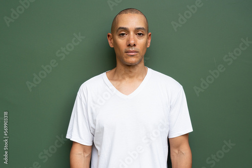 Portrait of handsome bald man wearing t-shirt