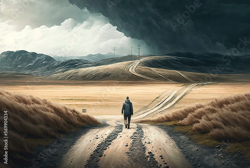 man walking on road head to bad weather black storm, life journey, Generative Ai,