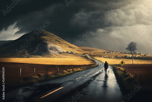 man walking on road head to bad weather black storm, life journey, Generative Ai,