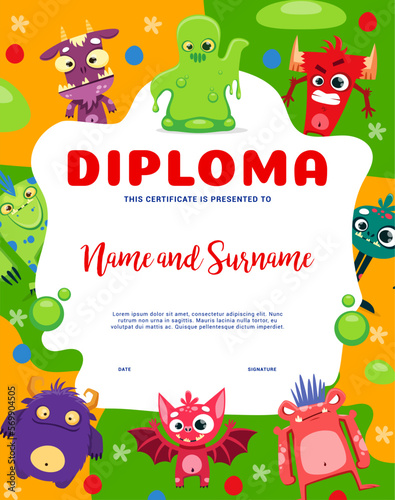 Kids diploma cartoon funny monster characters