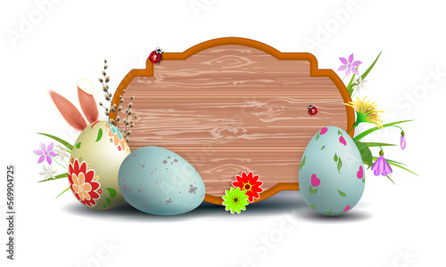 Easter composition with decorative frame, eggs, grass and flowers.