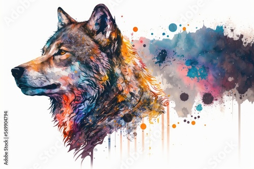 Watercolor wolf close up portrait  Realistic painting on white background  Generative AI