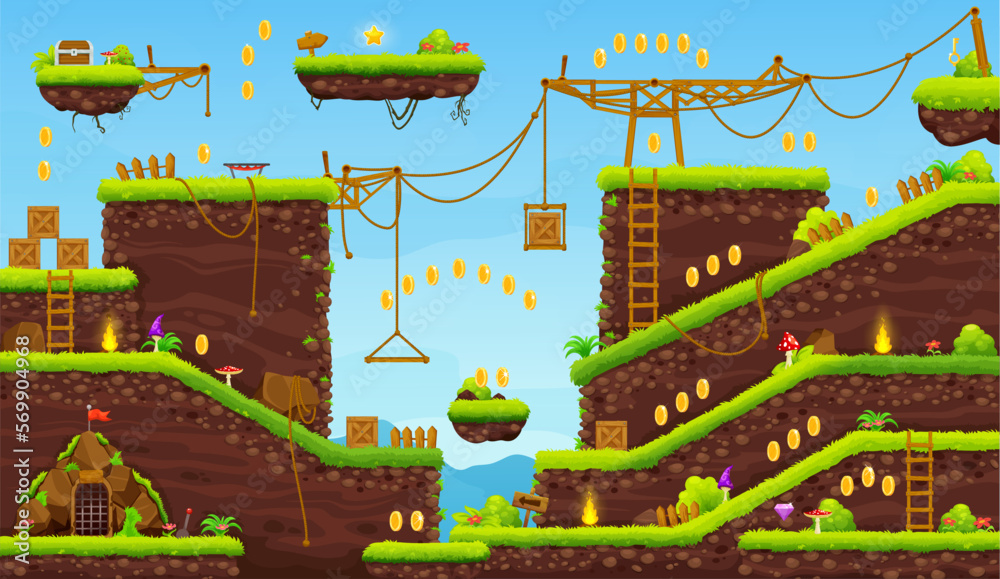 2d arcade game level cartoon jumping platform map Stock Vector Adobe