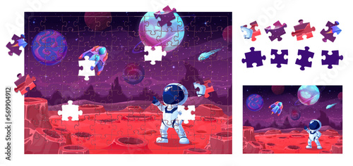 Cartoon astronaut on planet jigsaw puzzle game