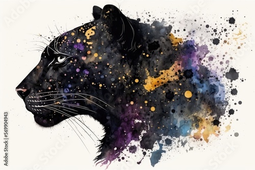 Watercolor black panther close up portrait, Realistic painting on white background, Generative AI