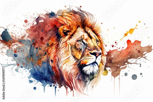 Watercolor lion close up portrait, Realistic painting on white background, Generative AI