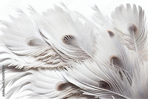 White albino peacock feathers close-up on white isolated background  design background  copy space. Generative AI