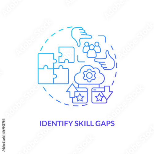Identify skill gaps blue gradient concept icon. Assess knowledge and experience. IT staffing tip abstract idea thin line illustration. Isolated outline drawing. Myriad Pro-Bold font used