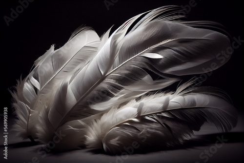 White albino bird feathers close-up on black isolated background, delicacy and softness, design background, copy space. Generative AI