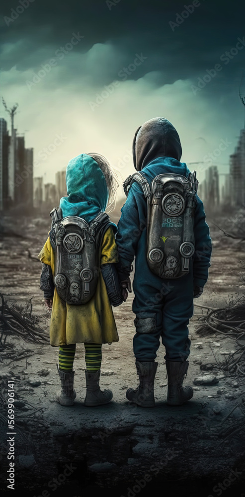 Abandoned children hold hands in radioactive realistic armor on the ground. Generative AI. Abandoned children hold hands in radioactive realistic armor on the ground. Generative AI.