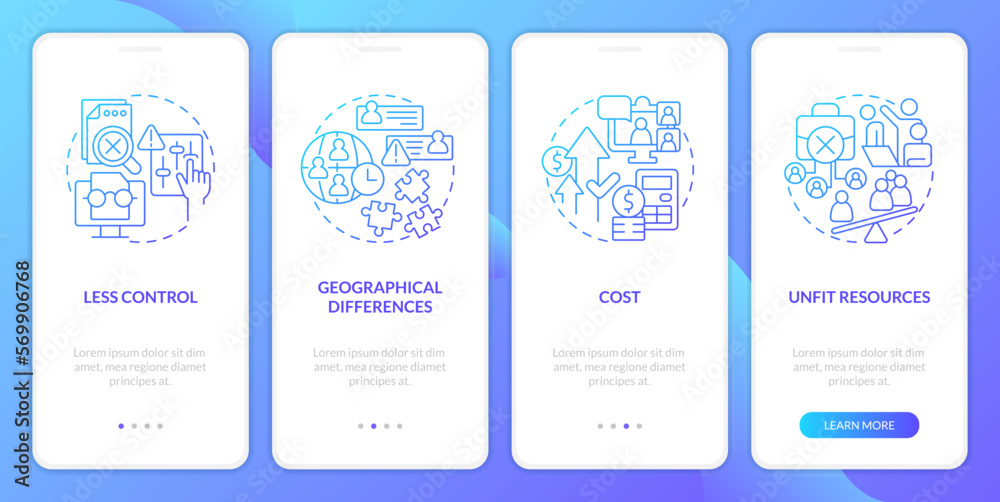 IT staffing service disadvantages blue gradient onboarding mobile app screen. Walkthrough 4 steps graphic instructions with linear concepts. UI, UX, GUI template. Myriad Pro-Bold, Regular fonts used