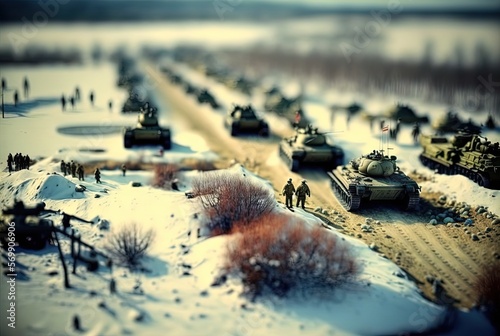 blurred miniature style army on the road travel on snowfield battlefield, Generative Ai