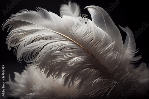 White albino bird feathers close-up on black isolated background, delicacy and softness, design background, copy space. Generative AI