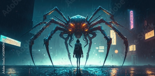 Cyberpunk terrifying monster spider standing in a rainy night background in a digital illustration. Robot spider in the shape of a futuristic post apocalyptic world. Creepy alien creature from science