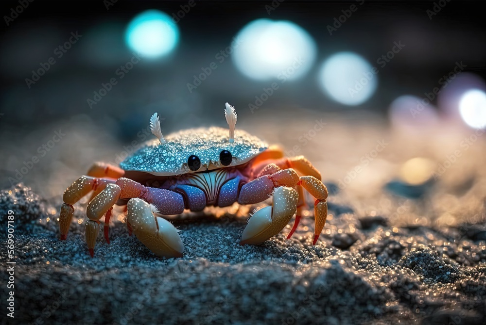cute crab on sand with bokeh light, Generative Ai	
