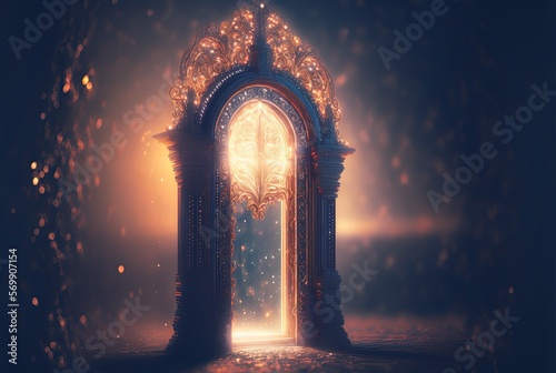 illustration of beautiful fairytale gate opening with glitter light glow from behind, Generative Ai