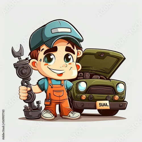 mechanic repairing car, cartoon character, holding a repair tool, car service, vector illustration, Made by AI,Artificial intelligence