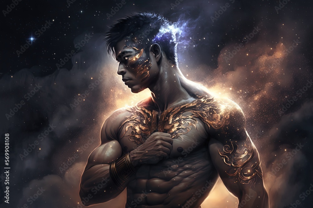 close up ancient Muay Thai fighter warrior with light glow background, Generative Ai