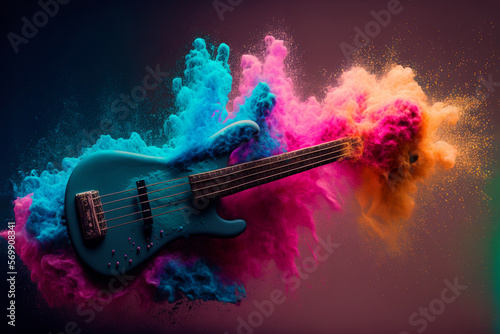 Creative music with colorful guitar. Music vibes concept for concerts and festivals. Gnerative ai.