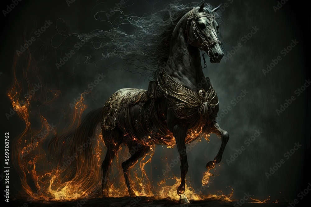 illustration of a black horse from fire, Generative Ai