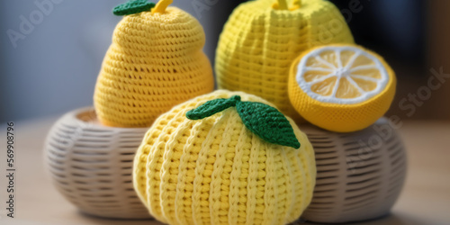 knitted art illustration in the shape of a lemon created using artificial intelligence suitable for photo accessories in cafes, restaurants, places to eat, design elements