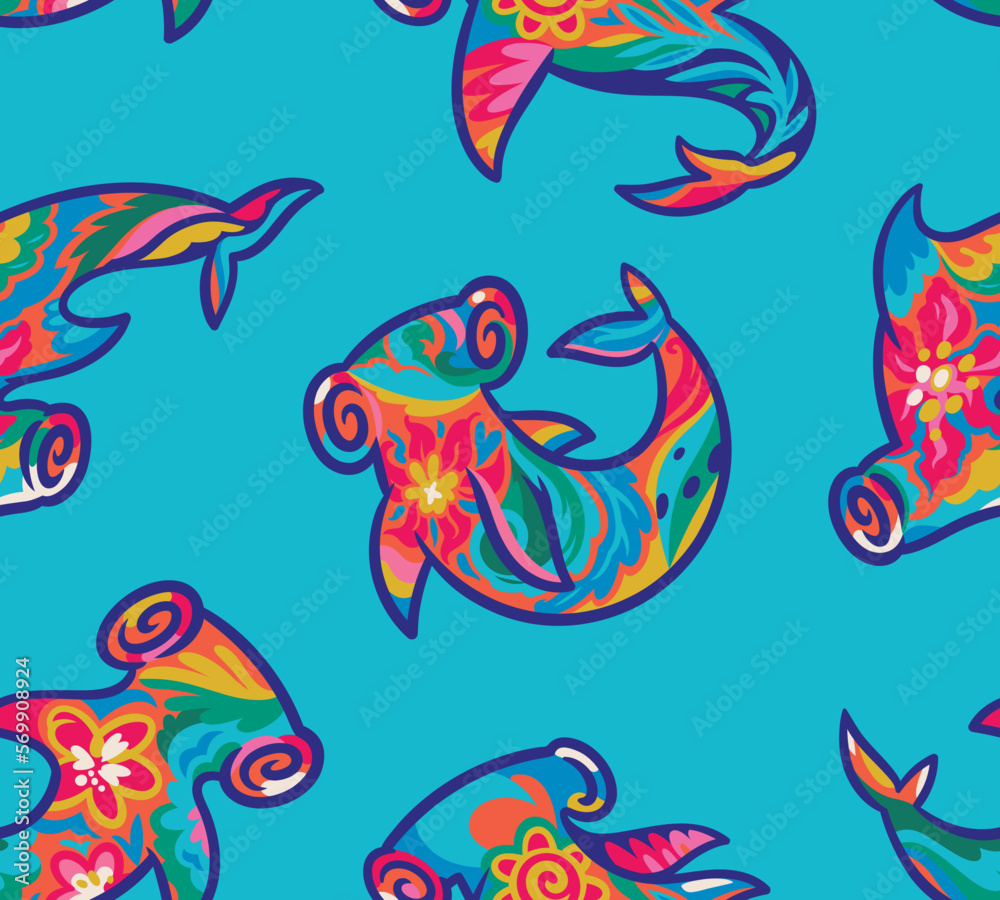 Obraz premium Seamless vector pattern with cute silhouette of hammerhead sharks and flowers ornaments inside 
