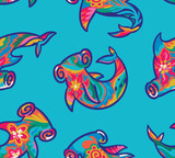Seamless vector pattern with cute silhouette of hammerhead sharks and flowers ornaments inside 