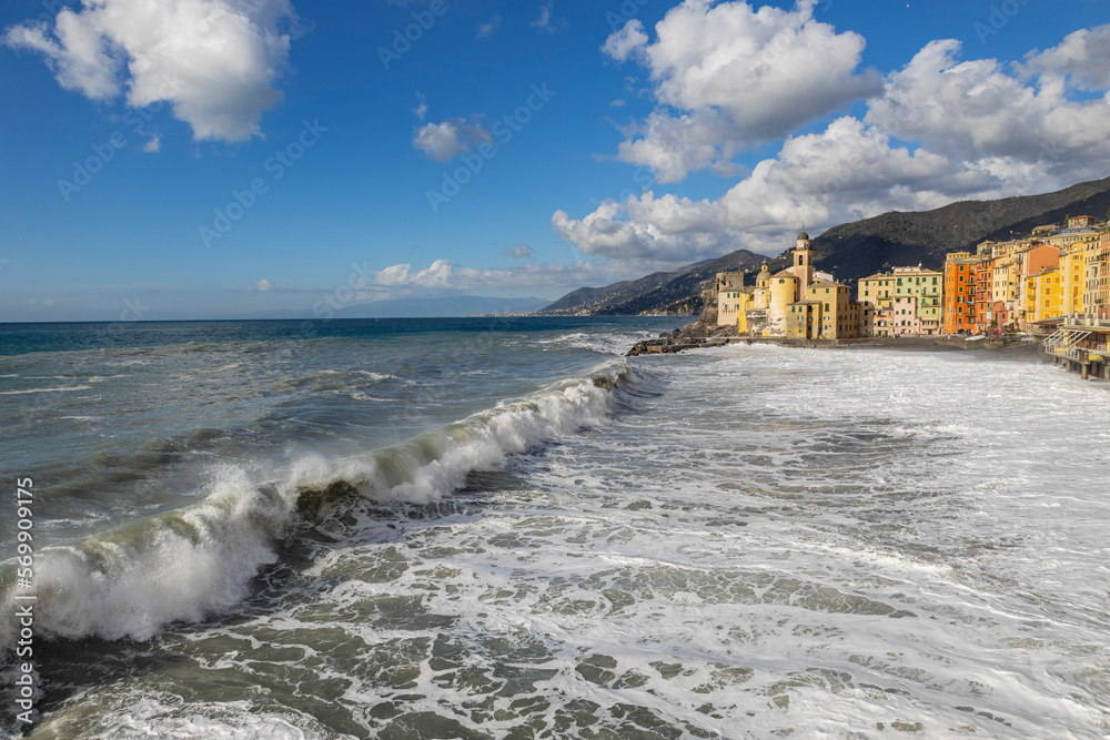 Rough sea on the beach of Camogli, Genoa province, Italy.
