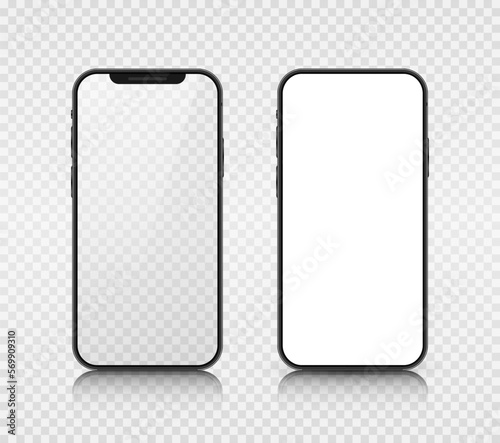 Two smartphone layouts with a white and transparent screen. Realistic 3D mobile phones with shadows and highlights on a transparent background. Vector illustration.