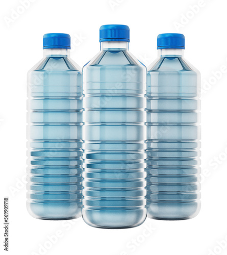 Blue plastic bottles on transparent background. 3D illustration