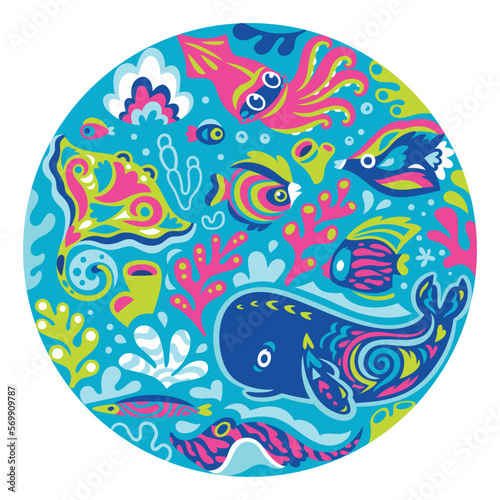 Cute underwater animals with folk ornaments in the blue circle.