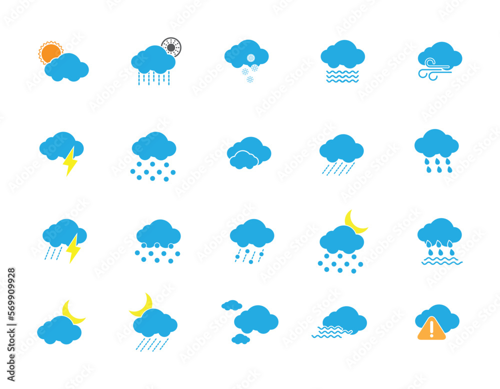 Simple weather web icon design set. Weather, cloud, sunny day, moon, snowflake, wind, sun day. Vector illustration.